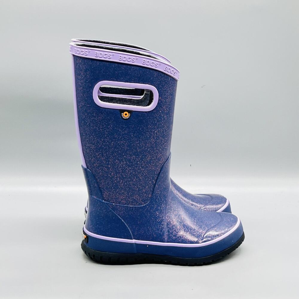 Bogs Boots Kids 13 Purple Glitter Rain Boot Pull On Rubber Waterproof Tall Shoes